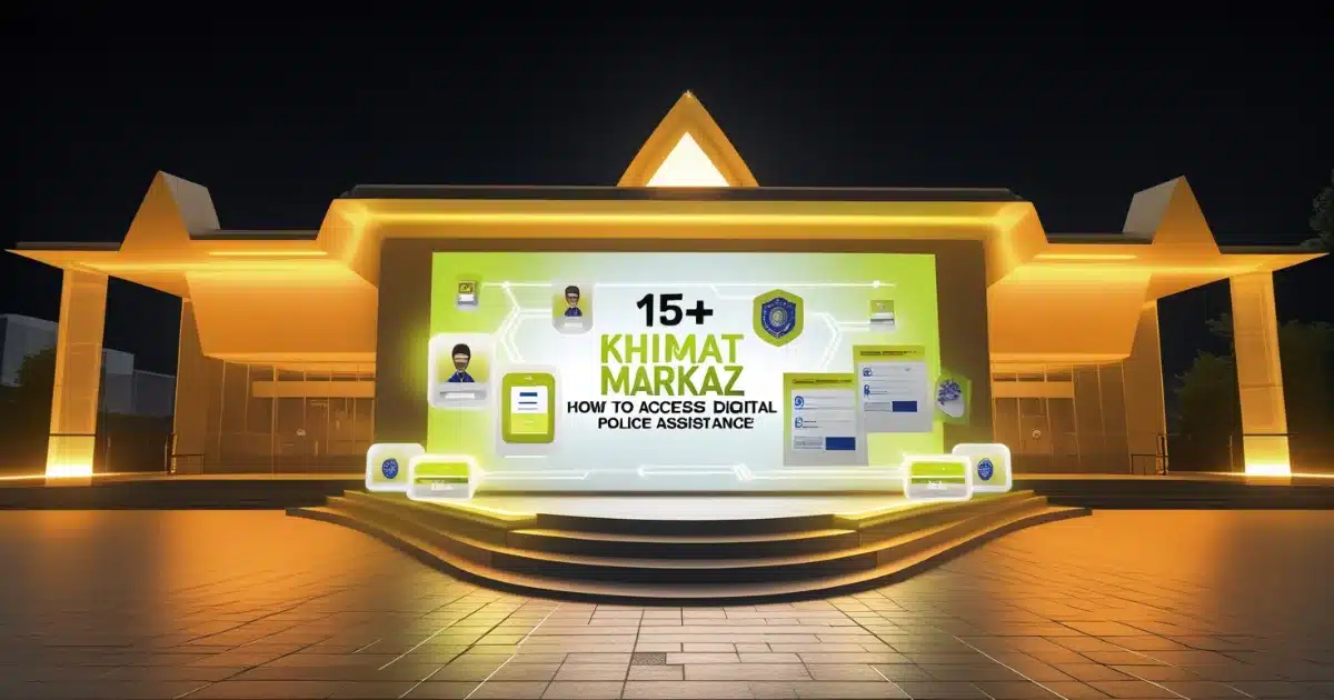 Nighttime scene of an illuminated building displaying information on accessing digital police assistance through the "15+ Khumat Markaz" initiative.