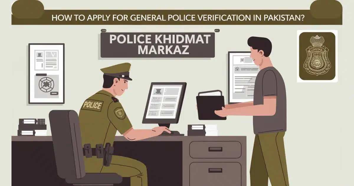 Police officer processing verification documents for a citizen at Police Khidmat Markaz service desk illustration