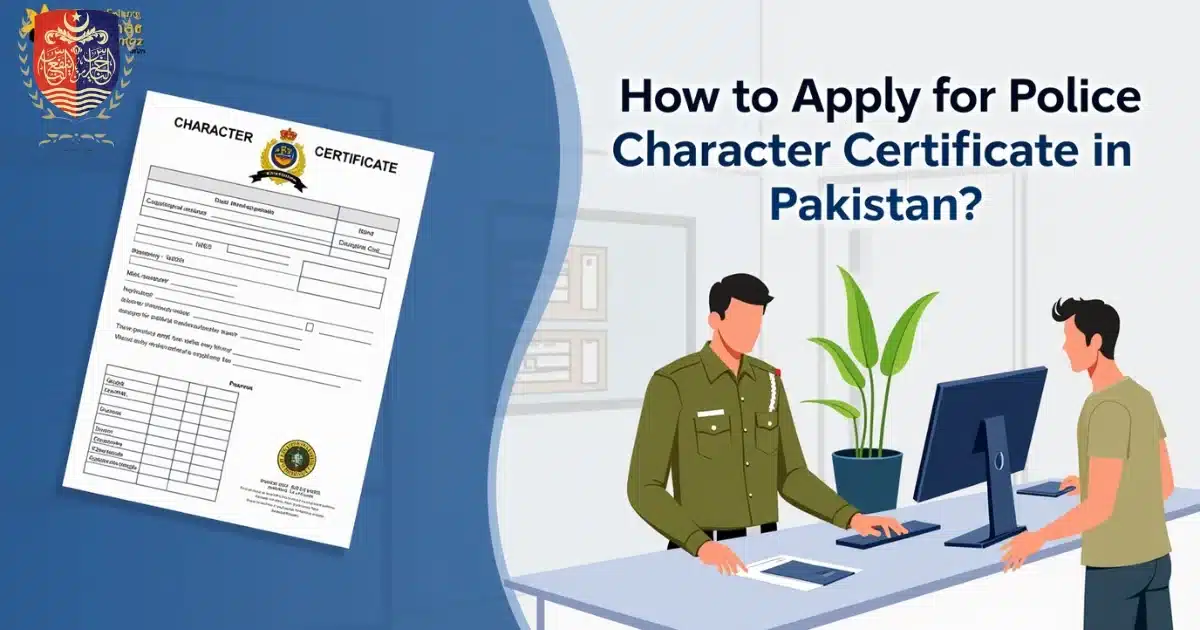 Police Character Certificate application form and digital counter service illustration with police officer assisting citizen in Pakistan