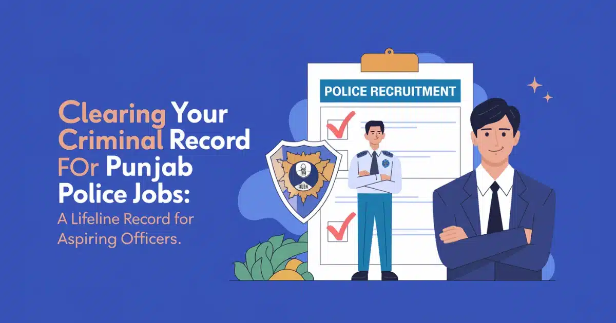 An illustration depicting the process of clearing criminal records for Punjab police job applications, with a recruitment form, police shield, and two men in professional attire.