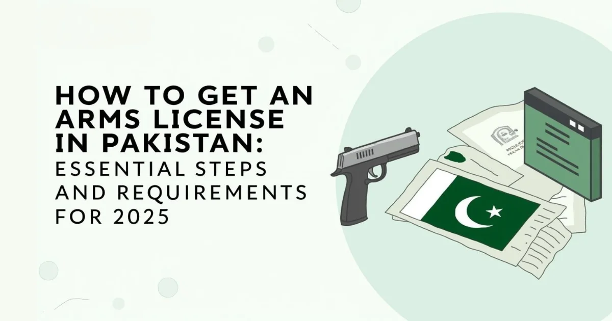 Pakistan arms license guide 2025 showing application documents, Pakistani flag, and official requirements with Hiedions Invasaic logo