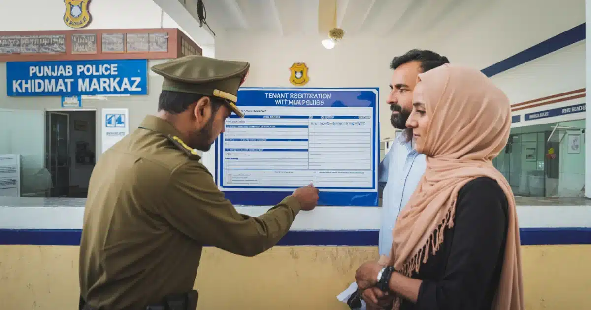 Police officer explaining tenant registration form to visitors at Punjab Police Khidmat Markaz service center