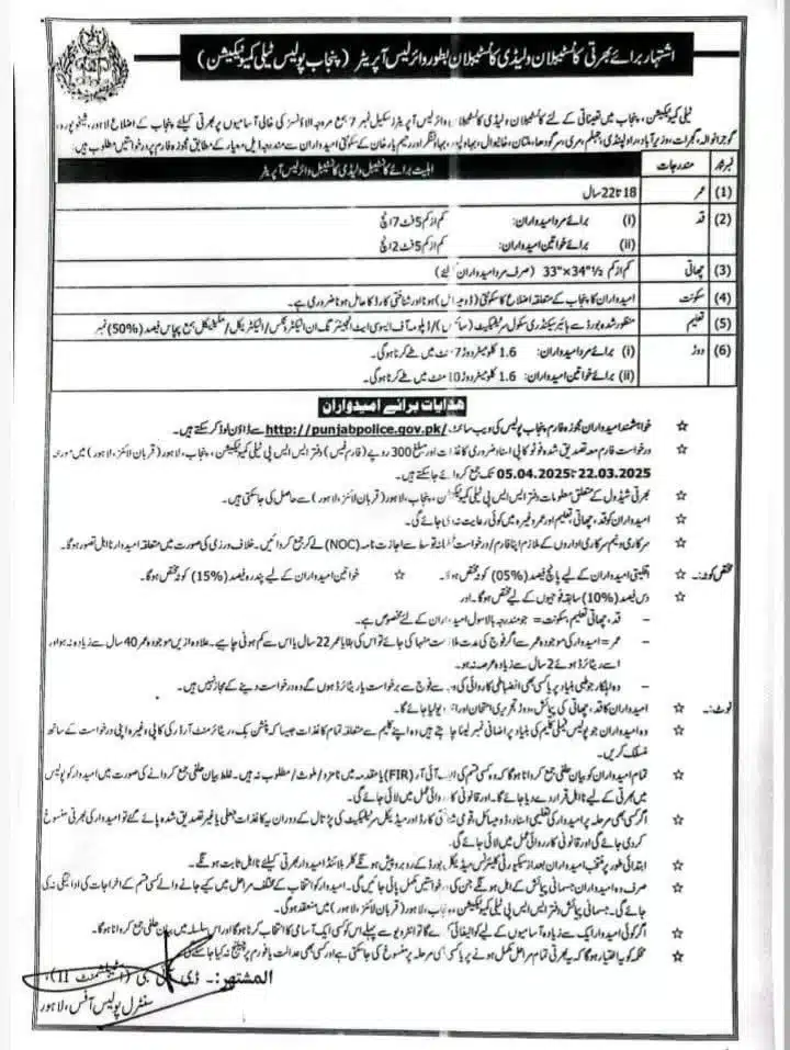 Official Punjab Police recruitment notice for Wireless Operator positions 2025 with eligibility criteria and application details in Urdu